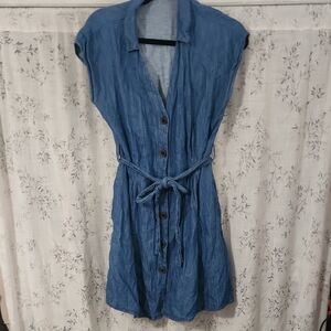 Zara Wrap Button Short Sleeve Chambray Linen Cotton Blend Button Dress Size M